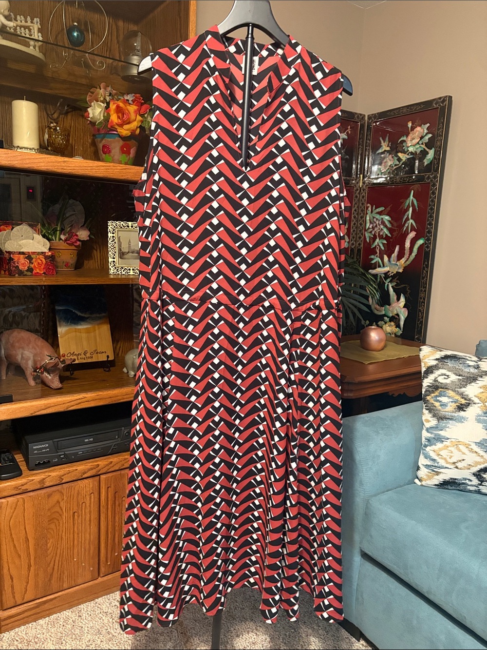 Anne Klein Red & Black Chevron Print Midi Dress